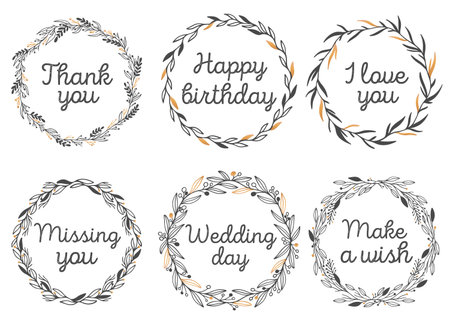 Hand sketched vector vintage elements: wreath,leaves, frame. Perfect for invitations, greeting cards, quotes, blogs Wedding Frames posters Big setのイラスト素材