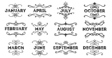 Set title year,text and swirl.Impression stamp,calendar,note,planner. Vintage elegant style. Vector illustrationのイラスト素材