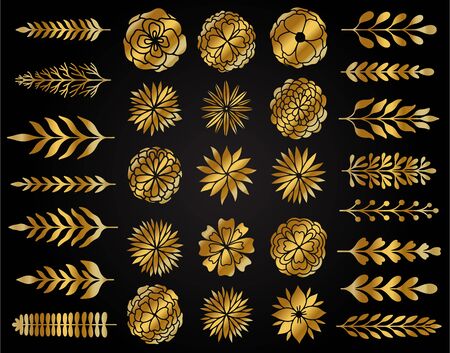 Abstract branch leaves and flower nature set collection hand drawn. Ethnic ornament, floral print, textile fabric, botanical element.のイラスト素材