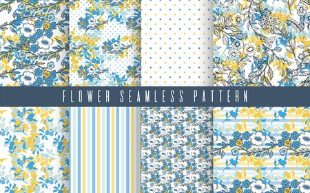 Abstract nature flower small seamless pattern set.Ethnic ornament, floral print, textile fabric, botanical.Vector illustration.のイラスト素材