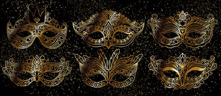 Set tradition with gold carnival mask accessory on black background for concept design.Decoration festive elegant party design.のイラスト素材