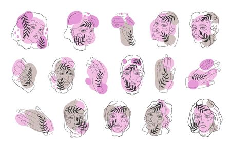 Abstract minamal face line art. Set elegant women sketch. Vector illustration.のイラスト素材
