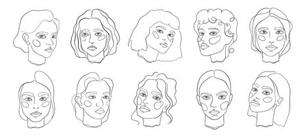 Abstract minamal face line art. Set elegant women sketch. Vector illustration.のイラスト素材