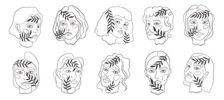 Abstract minamal face line art. Set elegant women sketch. Vector illustration.のイラスト素材