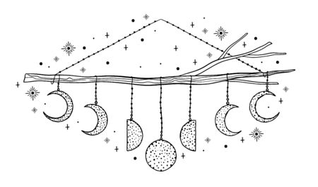 Mystic dream Catcher.Hand draw vintage line style.Boho ethnic amulet.Vector illustration.のイラスト素材