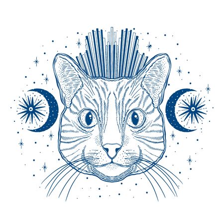 Mystic magic cat. Portrait face head hand drawn vintage style.Line art ink painting.Graphic design tatoo.Vector illustration.のイラスト素材