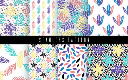 Seamless pattern bright color set. Nature plants simple ornament.のイラスト素材