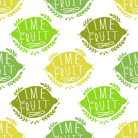 Seamless pattern lime fruit and vegetable food silhouettes with lettering.Healthy eating,Vector...