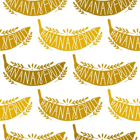 Seamless pattern banana fruit and vegetable food silhouettes with lettering.Healthy eating,Vector illustration.のイラスト素材