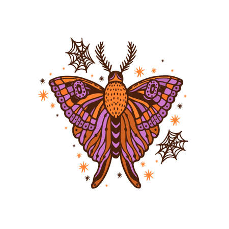 Moth insect halloween holiday set. Doodle design isolated in white. Vector illustrationのイラスト素材