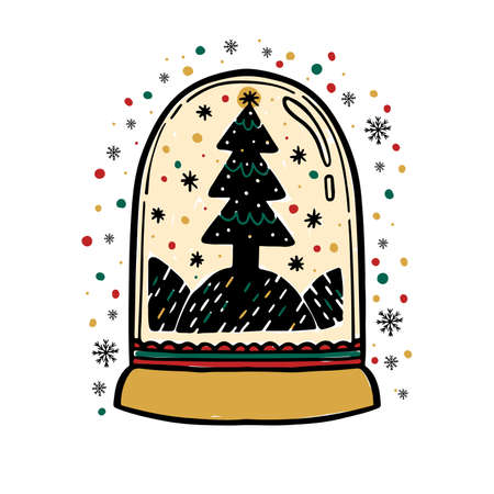 Merry Christmas decoration doodle. Doodle style greeting card with cute glass flask toy with christmas tree. Vector illustrationのイラスト素材