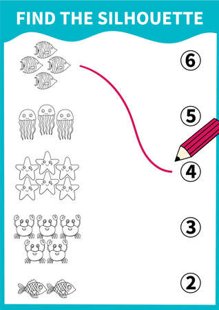 Children board game for preschoolers and primary school students.Page for kids educational book.Underwater life and marine animals.Vector cartoon style.のイラスト素材