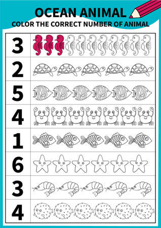 Children board game for preschoolers and primary school students.Page for kids educational book.Underwater life and marine animals.Vector cartoon style.のイラスト素材