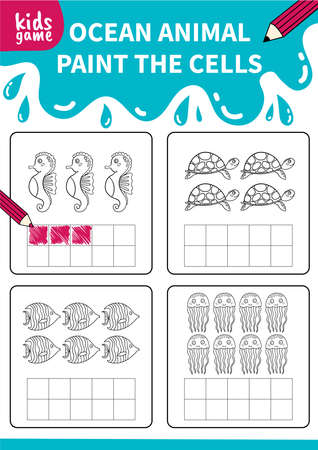 Children board game for preschoolers and primary school students.Page for kids educational book.Underwater life and marine animals.Vector cartoon style.のイラスト素材