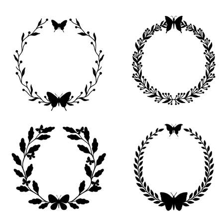 Wreath floral and butterfly set.Nature plant isolated in white background.のイラスト素材