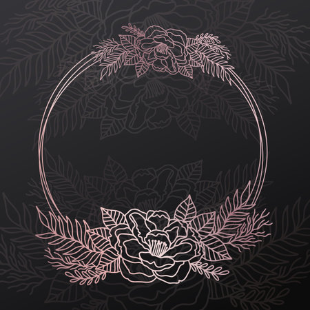 Floral frame wreath circle.Ink line style.Flower leaf botanical round design.のイラスト素材