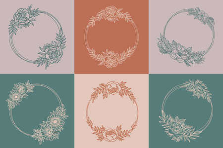 Floral frame wreath circle.Ink line style.Flower leaf botanical round design.のイラスト素材