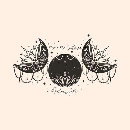 Moon crescent flower mandala.Astrology boho witch symbol amulet.Sacred mystic decoration trendy styleのイラスト素材