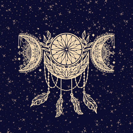 Moon crescent flower mandala.Astrology boho witch symbol amulet.Sacred mystic decoration trendy styleのイラスト素材