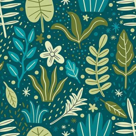 Seamless pattern leaves plant green color.Floral motif nature abstract print.Modern summer background.のイラスト素材