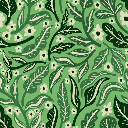 Seamles pattern green plant leaves.Hand drawn print of textile.Vintage floral design.のイラスト素材