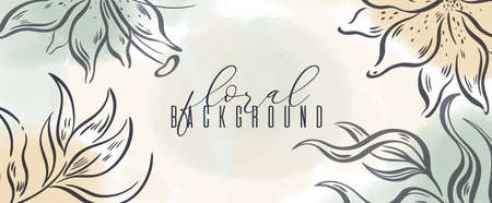 Floral frame horizontal organic design product.Leaf and tree branch elegant hand draw line style.のイラスト素材