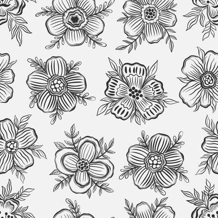 Seamless pattern floral outline hand draw.Botanical plant flower design.のイラスト素材