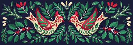 Ornate Christmas 2022 bird animal.Branch leaves elegante xmas design.のイラスト素材