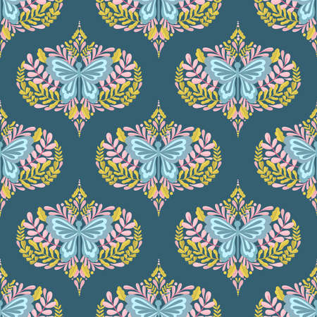 Butterfly and plant seamless pattern.Simple flat cute element insect.Cute cartoon design.のイラスト素材