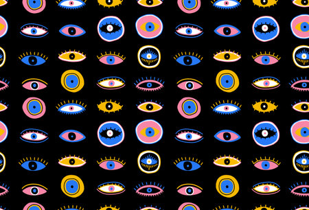 Evil Seeing eye symbol seamless pattern. Occult mystic emblem, graphic design tattoo. Esoteric sign alchemy, decorative style, providence sight. Vector illustration.のイラスト素材
