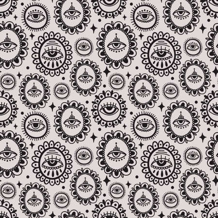 Seamless pattern Evil eye third element hand drawn.Esoteric mystic symbol,authentic icon.のイラスト素材