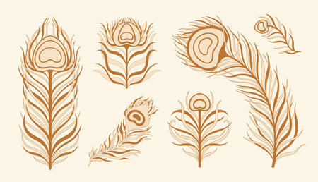 Peacock feather vintage style set. Art deco, nouveau 1920-1930 design. vector illustrationのイラスト素材