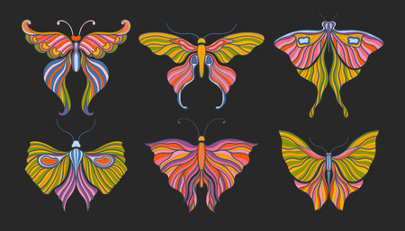 Butterfly color art nouveau. Vintage style 1920-1930. Elements design isolated in black background.のイラスト素材