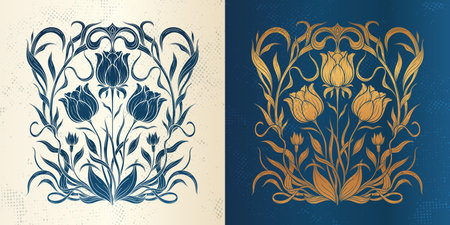 Frame with a gold tulip in the style of Art Nouveau. Beautiful tulip golden vintage floral composition 1920-1930 years.のイラスト素材