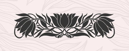 Floral tulip border in art nouveau 1920-1930. Hand drawn in a linear style with weaves of lines, leaves and flowers.のイラスト素材