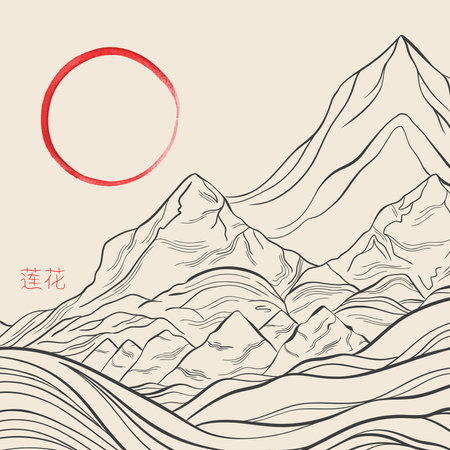 Freehand of a lotus with thin graceful lines against a mountain landscape and Enso zen. Lotus flower luxury design template poster.のイラスト素材