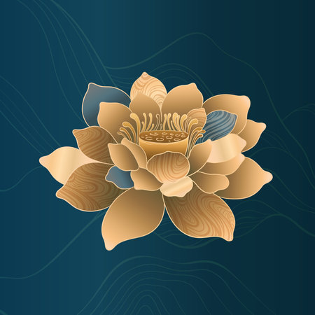 Lotus flowers for luxury and exclusive use in design. Water lilies in gold and blue colors, isolated lotus elements. Nelumbo made in Chinese aesthetics and culture style.のイラスト素材