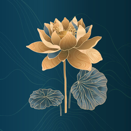 Lotus flowers for luxury and exclusive use in design. Water lilies in gold and blue colors, isolated lotus elements. Nelumbo made in Chinese aesthetics and culture style.のイラスト素材