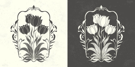 Frame with a tulip in the style of Art Nouveau. Beautiful vintage tulip floral composition 1920-1930 years.のイラスト素材
