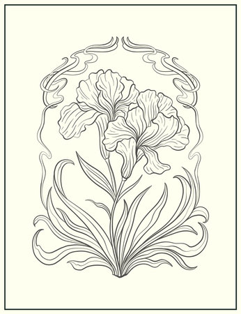 Frame with a iris flower in the style of Art Nouveau. Beautiful iris vintage floral composition 1920-1930 years.のイラスト素材