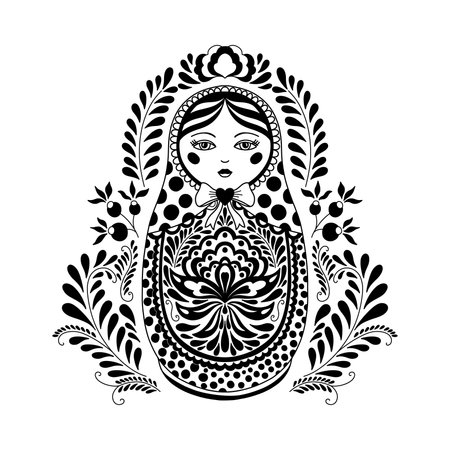 Traditional Russian nesting doll. Matryoshka Painted with floral patterns. Suitable doll for a coloring book, drawn in a linear style.のイラスト素材