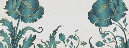 Elegant prestigious background template with peony flowers. The design luxury peony is made for oriental chinese motif with gold and green gradient colors.のイラスト素材