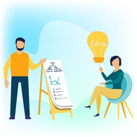 vector illustration, promotion in the network. manager at remote work, searching for new ideas solutions, working together in the company, brainstorming. Businesswoman with idea bulb in spotlight. flat cartoon design.のイラスト素材