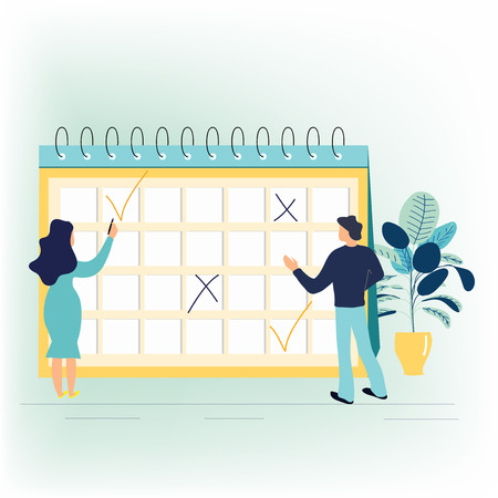 A handsome businessman and businesswoman are planning their work. Modern concept for business planning, news and events, reminder and timetable. Vector illustration in flat cartoon style.のイラスト素材