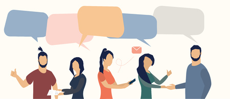 Vector illustration in flat cartoon style. businessmen discuss social network, news, social networks, chat, dialogue speech bubblesのイラスト素材
