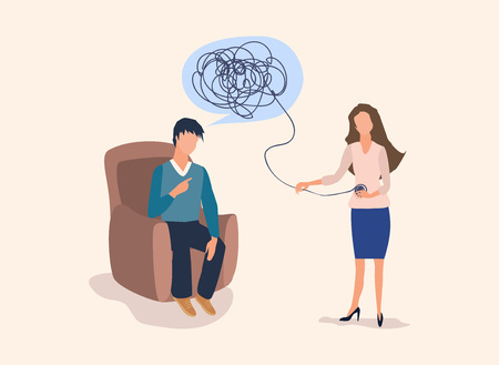 Psychotherapy concept with woman doctor and young man patient in depression. Tangled and untangled brain metaphor, society psychiatry.のイラスト素材