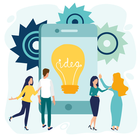 Office people stand near big smartphone or digital tablet screen. Light bulb with concept of idea. Business concept. Vector illustration in flat cartoon style.のイラスト素材