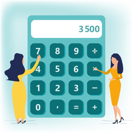 Calculator. Financial calculations, accountant. Accounting, bookkeeping, audit debit and credit calculations. Business woman in long dress standing near big calculator. Business concept in flat style.のイラスト素材
