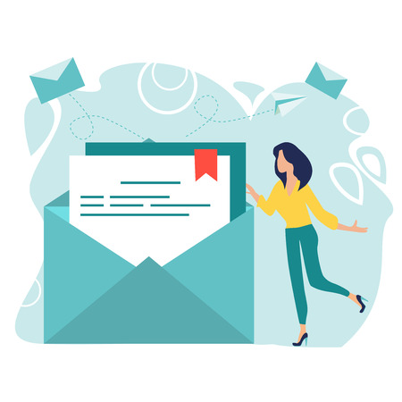 Concept of an e-mail message, a new incoming sms, mail notification sending. Woman hold mail. Chatting. New email message. Business woman. Working process. Social network, chat. Vector illustration.のイラスト素材