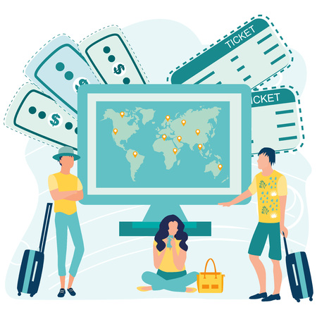Big computer with world map on screen and small people with luggage booking flight tickets online. Travel the world, online payment concept. Location pin. Business vector illustration in flat style.のイラスト素材